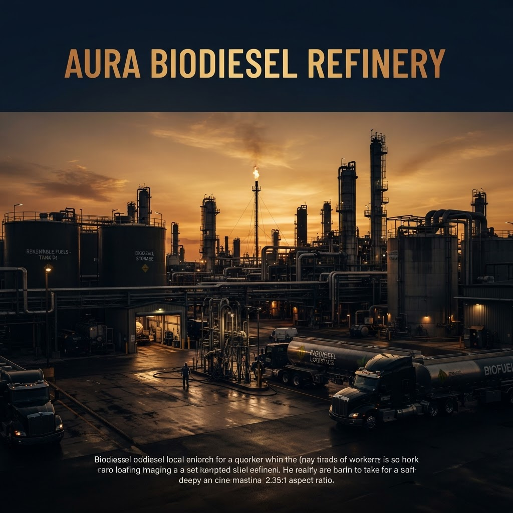 Biodiesel refinery with tanker trucks and storage tanks at golden dusk