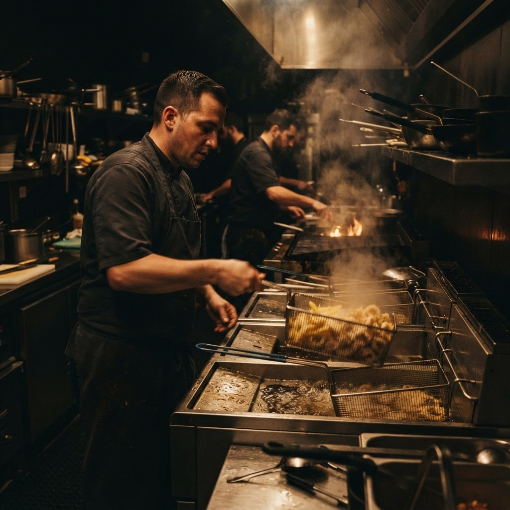 Chefs working the line on stainless steel deep fryers in a busy commercial kitchen