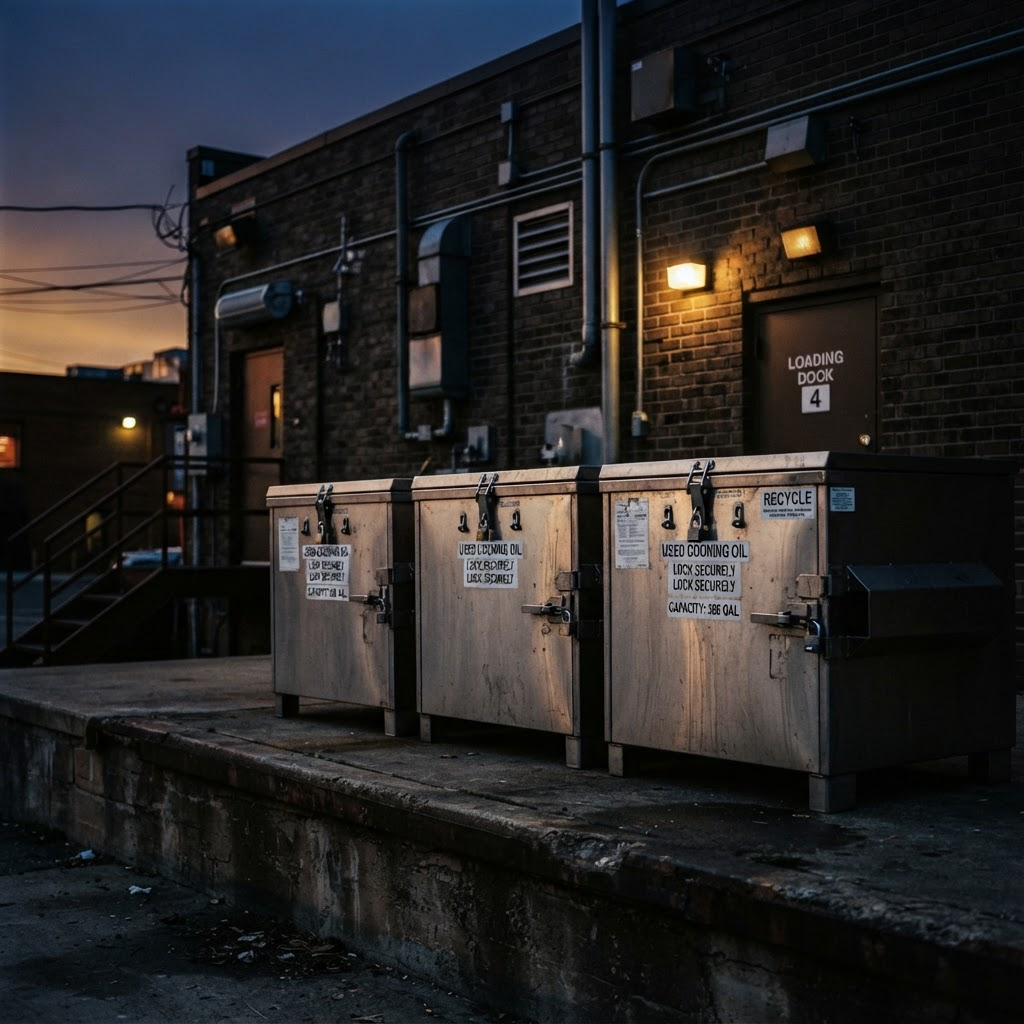 Sealed steel used cooking oil collection bins behind a restaurant